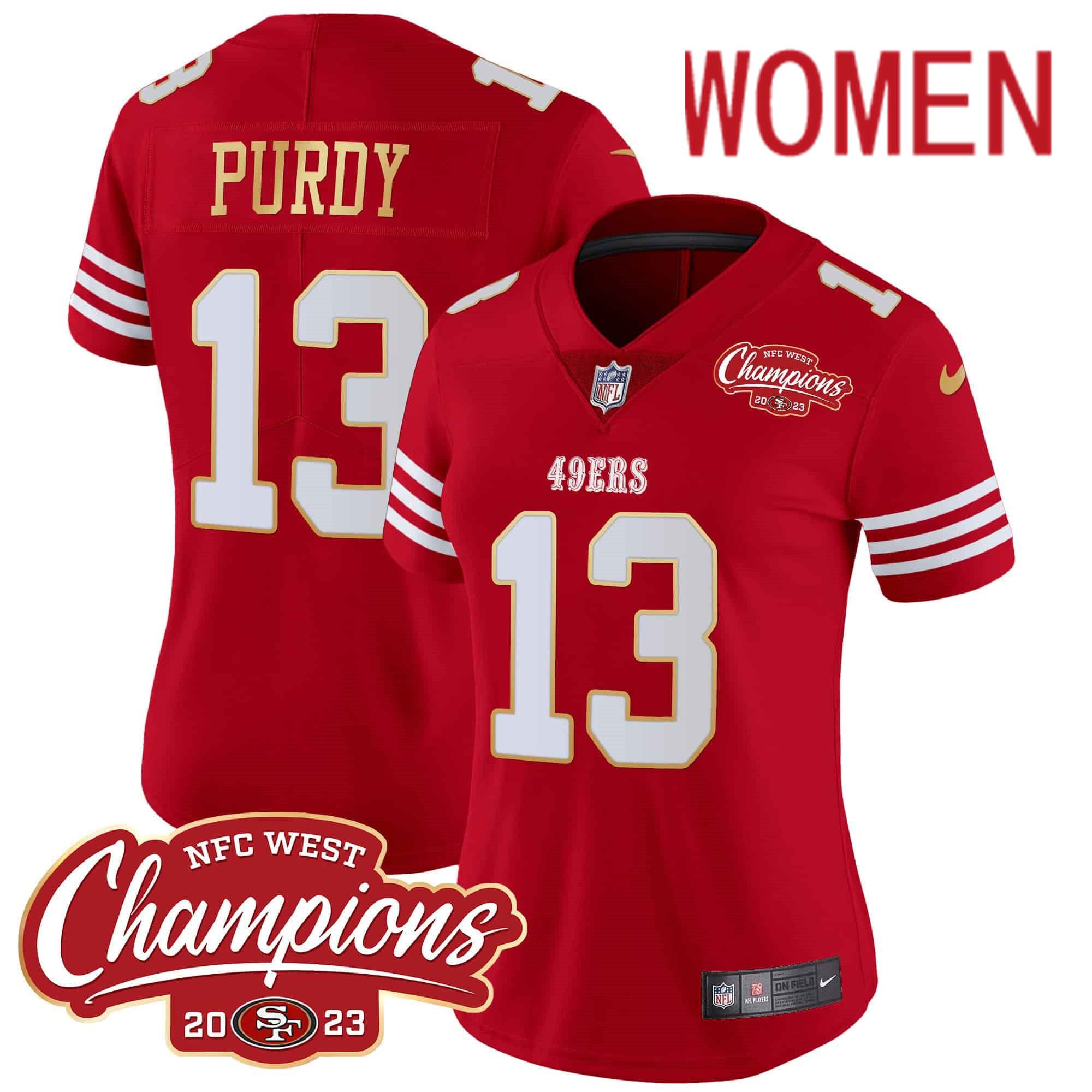 Women San Francisco 49ers 13 Purdy Red 2024 Nike NFC West Champions Gold Trim Vapor NFL Jersey style 1